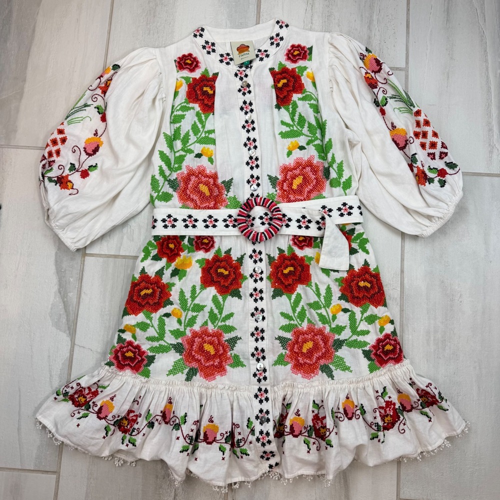 Farm Rio Cross Stitch Floral Linen Blend Mini Dress White Red Size S 318237 - Picture 1 of 9